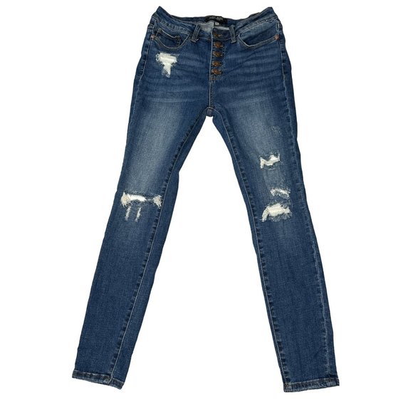 Judy Blue Jeans Womens 28 US 7 Dark Wash Blue Denim Skinny Distressed Button Fly - Picture 2 of 10
